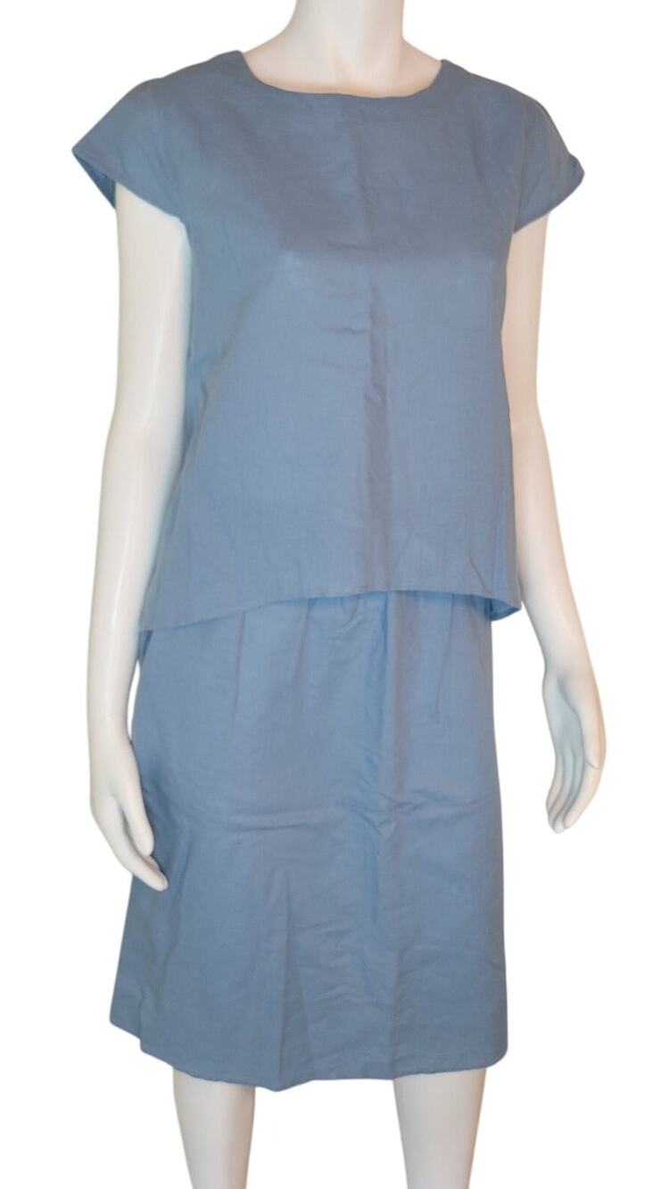 Grae Cove 55% Linen 45% Cotton Blend Powder Blue Skirt Set Back Button Size S